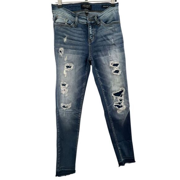 Judy Blue Mid-Rise Stretchy Distressed Denim Skinny Jeans - Picture 1 of 8